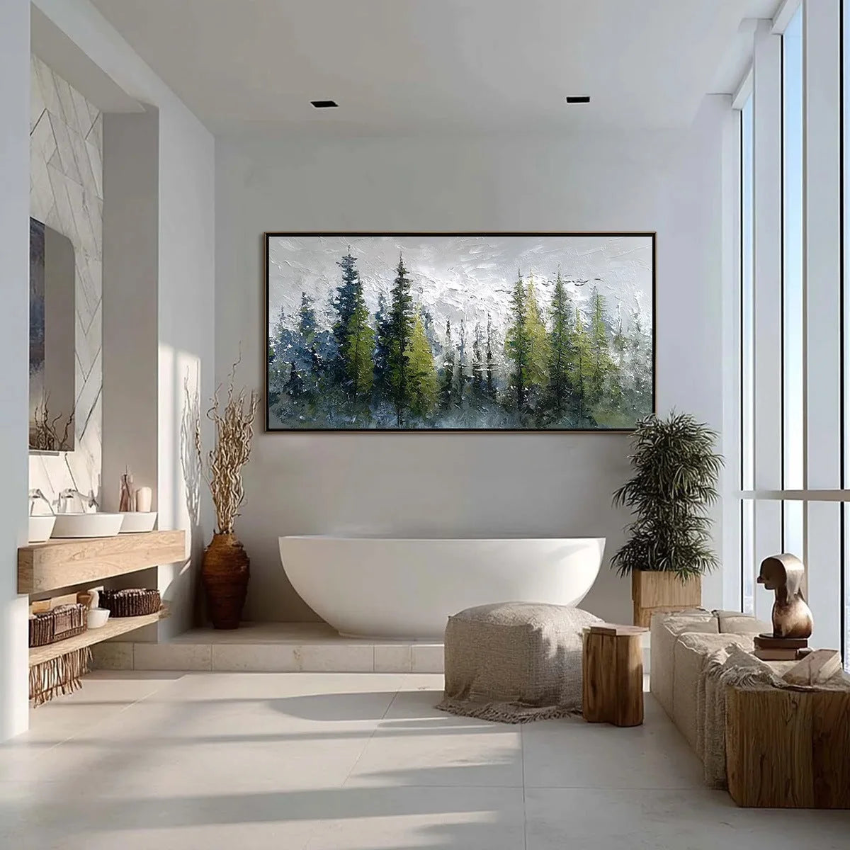 SILENT SENTINELS: Textured Impasto Pine Forest Landscape Painting | gold frame stretched on neutral wall
