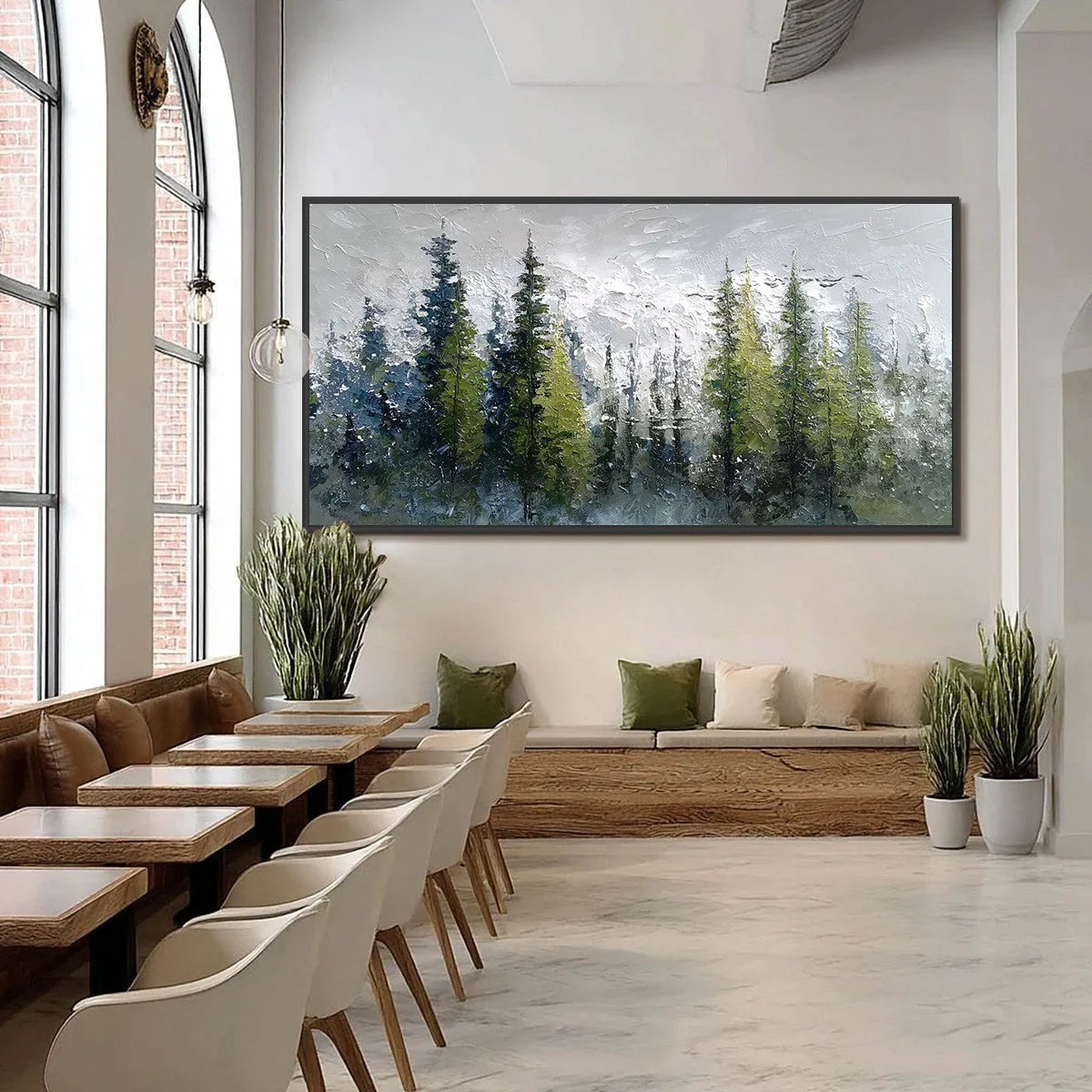 SILENT SENTINELS: Textured Impasto Pine Forest Landscape Painting | black frame version on white wall