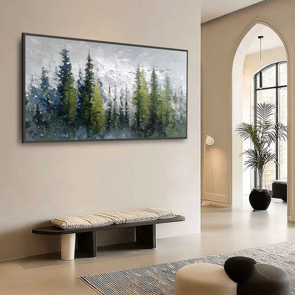 SILENT SENTINELS: Textured Impasto Pine Forest Landscape Painting | Landscape mood, soft natural light studio shot