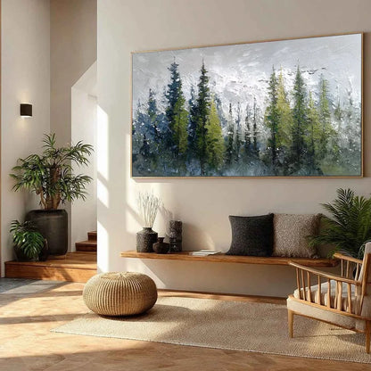 SILENT SENTINELS: Textured Impasto Pine Forest Landscape Painting | green palette, original oil on stretched canvas art