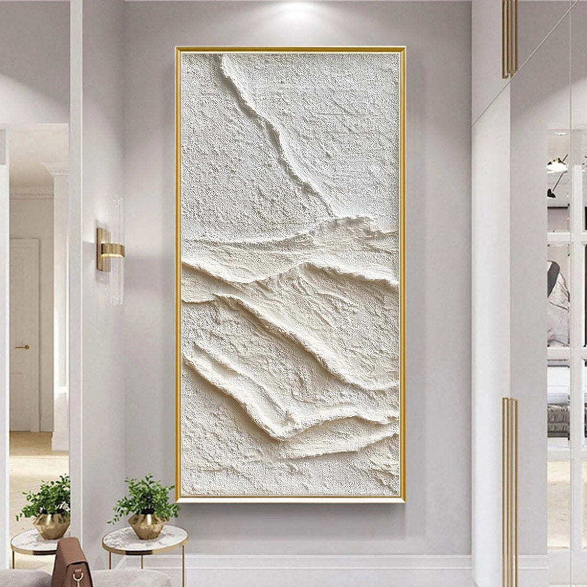 SILENT STRATA: Wabi Sabi Textured Minimalist Abstract Painting | gold frame stretched on neutral wall