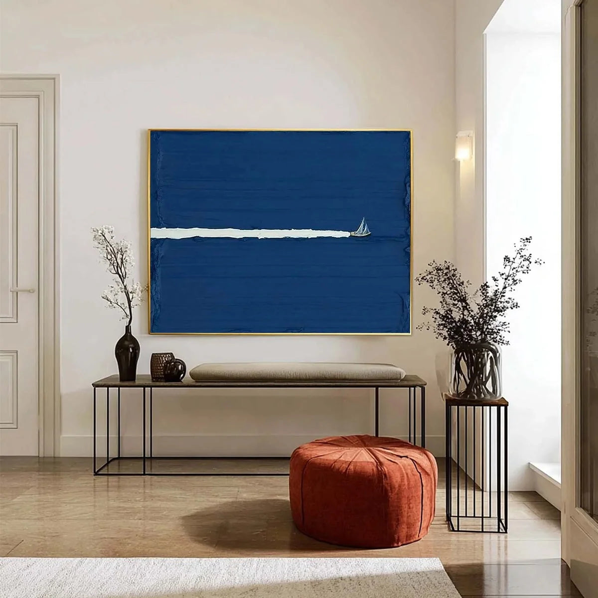 SILENT WAKE: Minimalist Sailboat Seascape Oil Painting | Minimalist closeup, raised brushwork detail
