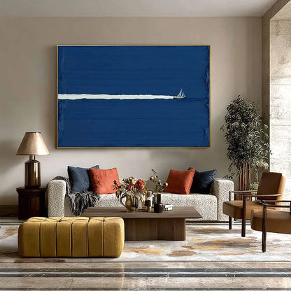 SILENT WAKE: Minimalist Sailboat Seascape Oil Painting | gold frame stretched on neutral wall