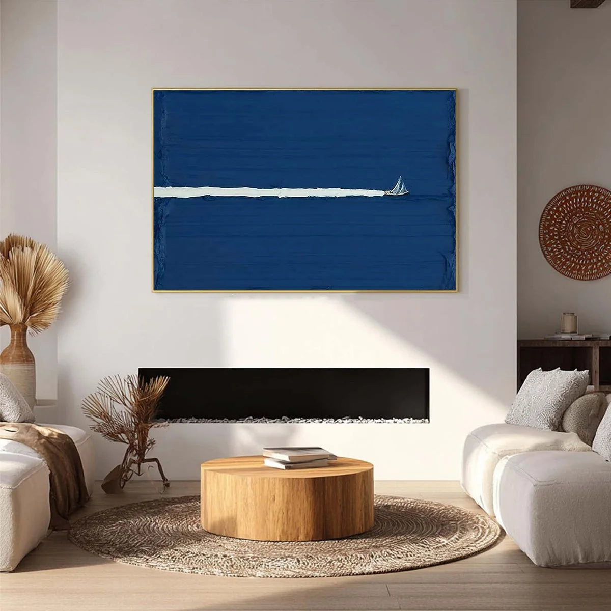 SILENT WAKE: Minimalist Sailboat Seascape Oil Painting | black frame version on white wall