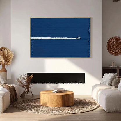 SILENT WAKE: Minimalist Sailboat Seascape Oil Painting | black frame version on white wall