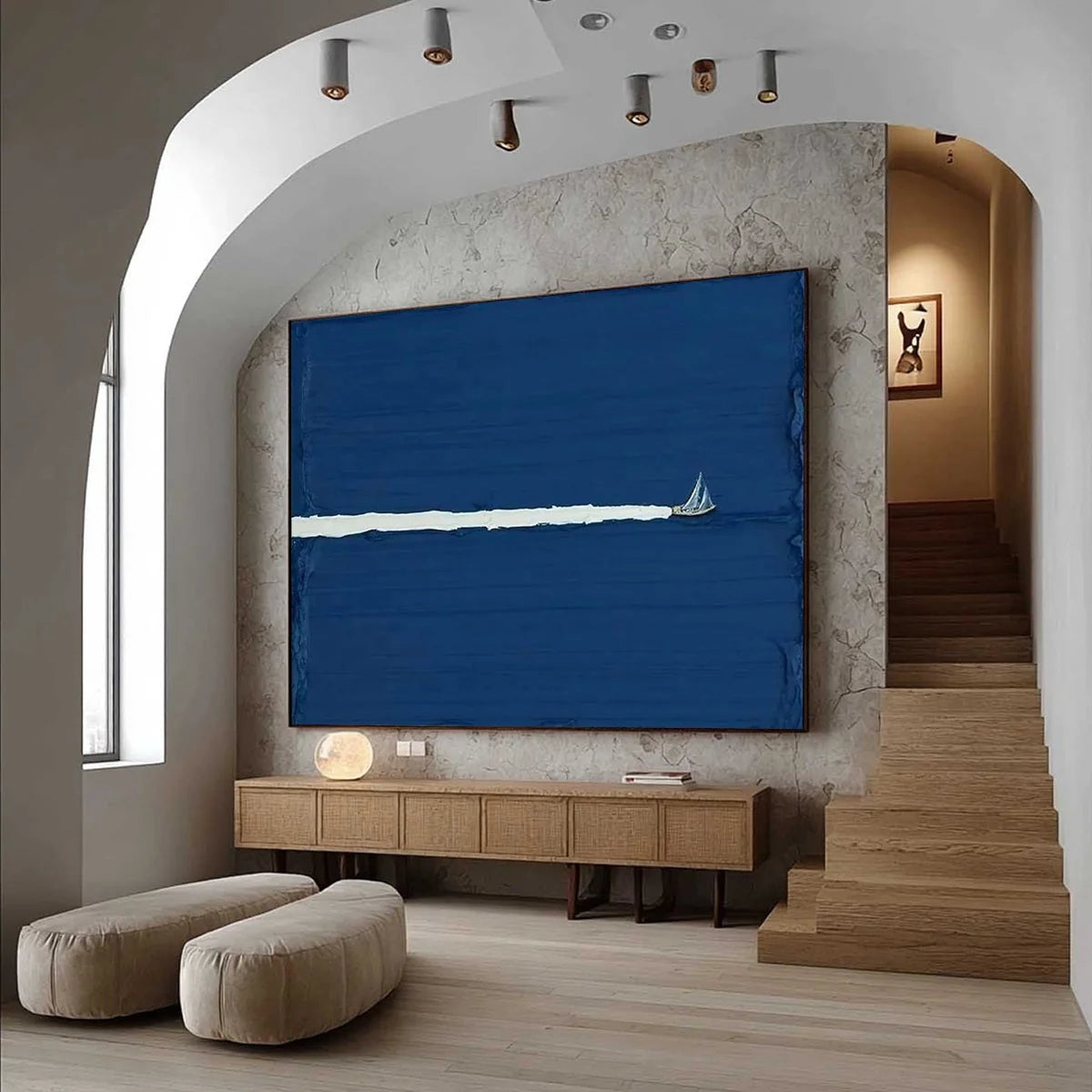 SILENT WAKE: Minimalist Sailboat Seascape Oil Painting | multi-color palette, original oil on stretched canvas art