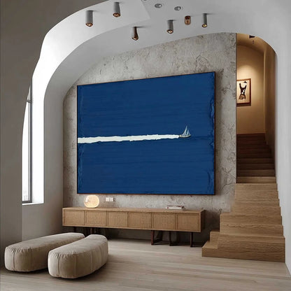 SILENT WAKE: Minimalist Sailboat Seascape Oil Painting | multi-color palette, original oil on stretched canvas art