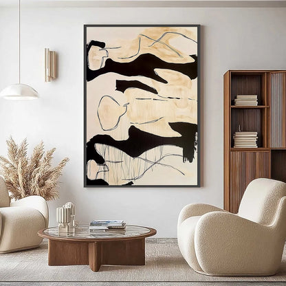 SILHOUETTES IN REPOSE: Large Abstract Figurative Painting in Black and Beige | Figurative closeup, raised brushwork detail
