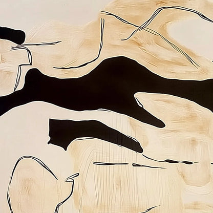 SILHOUETTES IN REPOSE: Large Abstract Figurative Painting in Black and Beige | rectangular format, hand-painted canvas edge