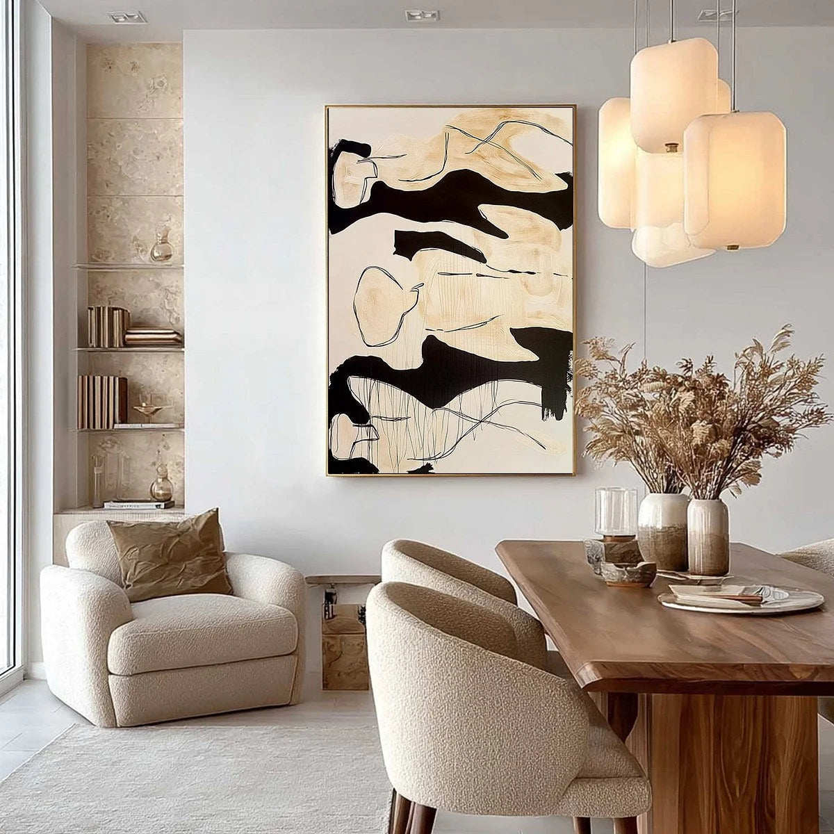 SILHOUETTES IN REPOSE: Large Abstract Figurative Painting in Black and Beige | gold frame stretched on neutral wall