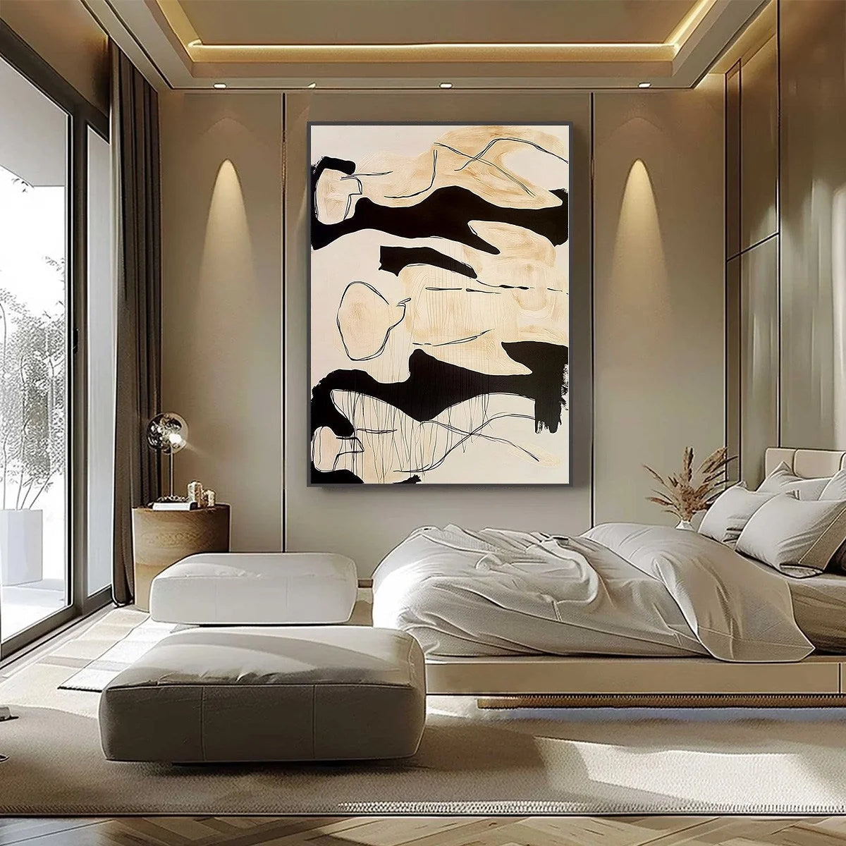 SILHOUETTES IN REPOSE: Large Abstract Figurative Painting in Black and Beige | black frame version on white wall