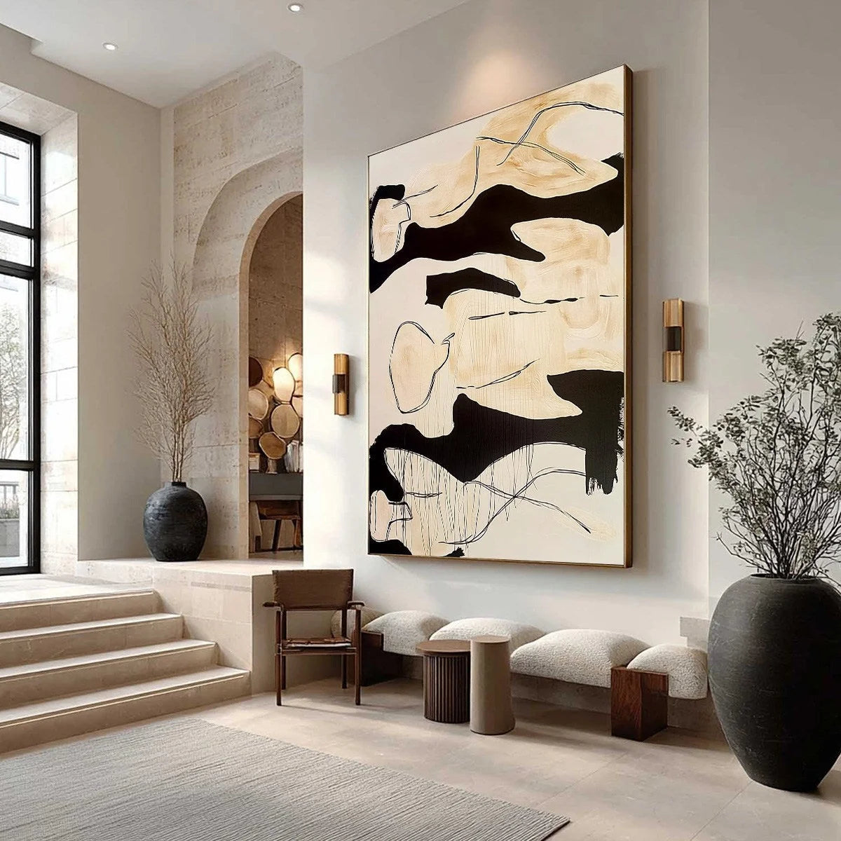 SILHOUETTES IN REPOSE: Large Abstract Figurative Painting in Black and Beige | Figurative mood, soft natural light studio shot