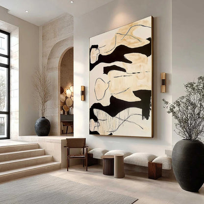 SILHOUETTES IN REPOSE: Large Abstract Figurative Painting in Black and Beige | Figurative mood, soft natural light studio shot