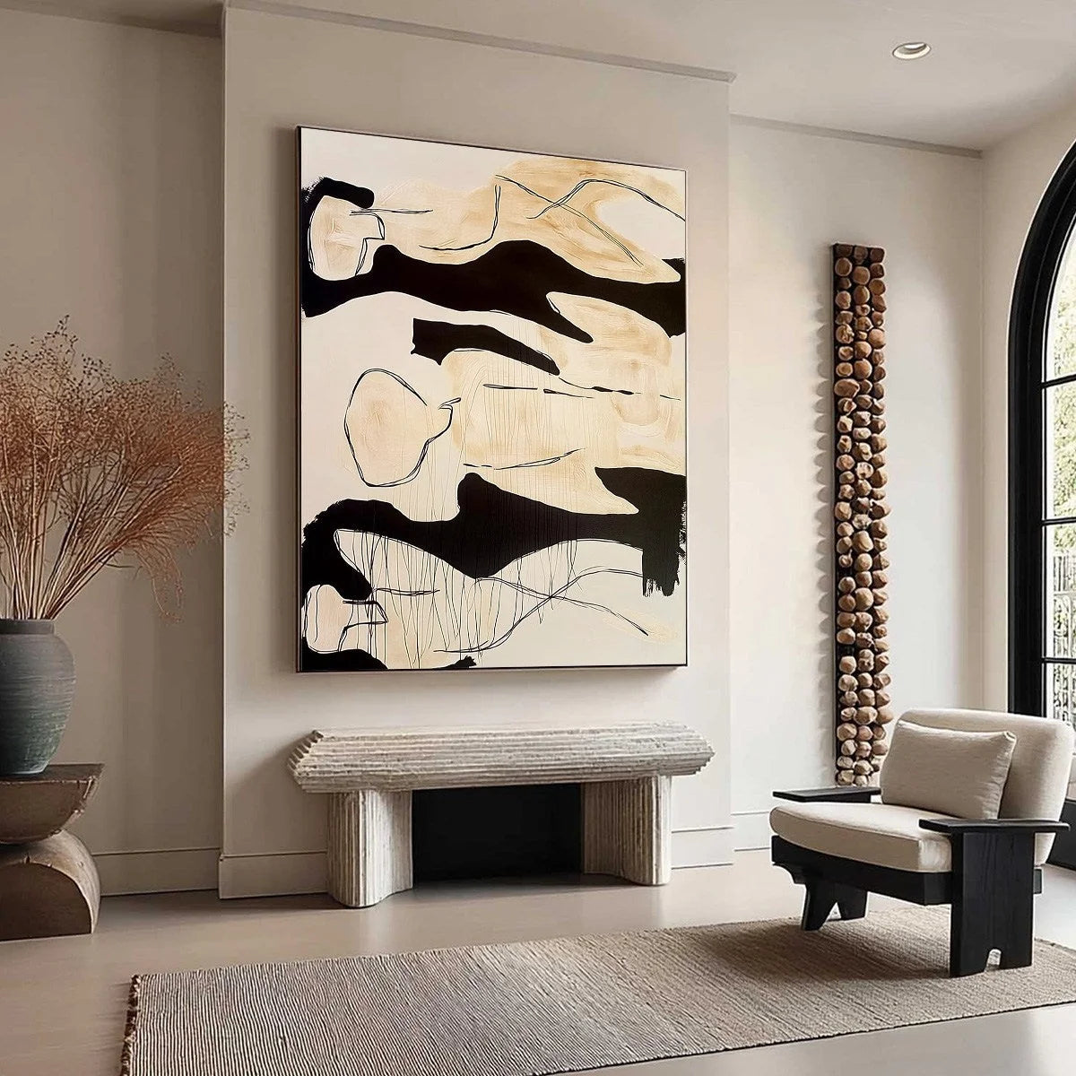 SILHOUETTES IN REPOSE: Large Abstract Figurative Painting in Black and Beige | beige palette, original oil on stretched canvas art