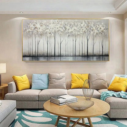 SILVER BIRCH MIST: Forest Landscape Painting in Grey and White | gold frame stretched on neutral wall