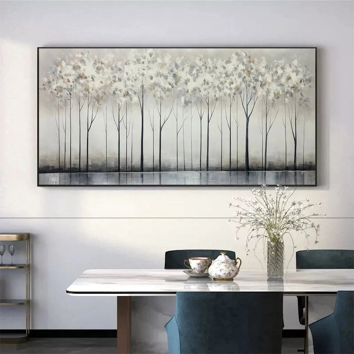 SILVER BIRCH MIST: Forest Landscape Painting in Grey and White | rolled canvas, ready for custom framing