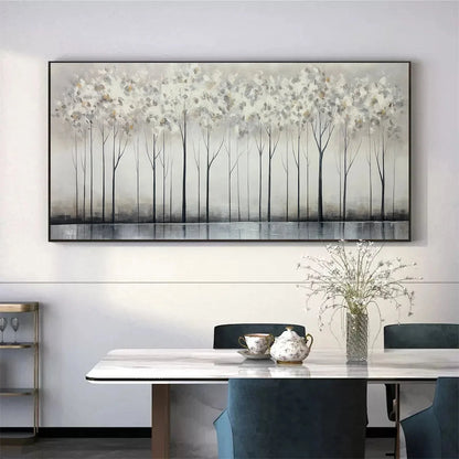 SILVER BIRCH MIST: Forest Landscape Painting in Grey and White | rolled canvas, ready for custom framing