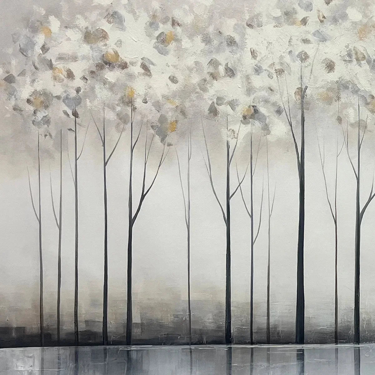 SILVER BIRCH MIST: Forest Landscape Painting in Grey and White | black frame version on white wall