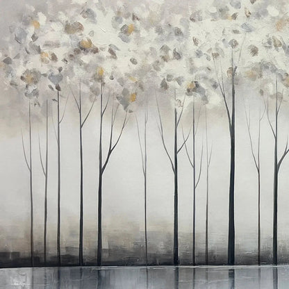 SILVER BIRCH MIST: Forest Landscape Painting in Grey and White | black frame version on white wall