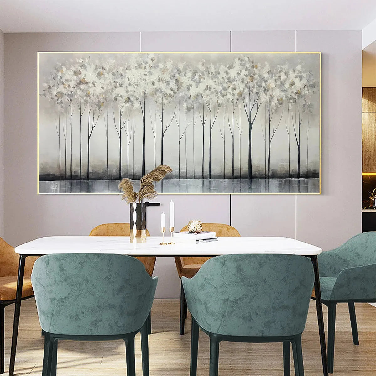 SILVER BIRCH MIST: Forest Landscape Painting in Grey and White | green palette, original oil on stretched canvas art