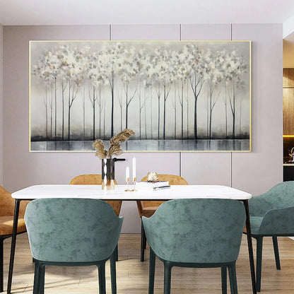 SILVER BIRCH MIST: Forest Landscape Painting in Grey and White | green palette, original oil on stretched canvas art