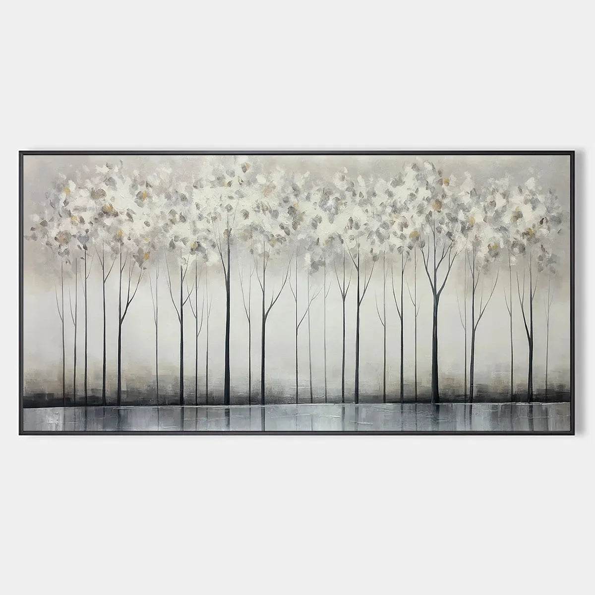 SILVER BIRCH MIST: Forest Landscape Painting in Grey and White | hanging in living room, Landscape wall art