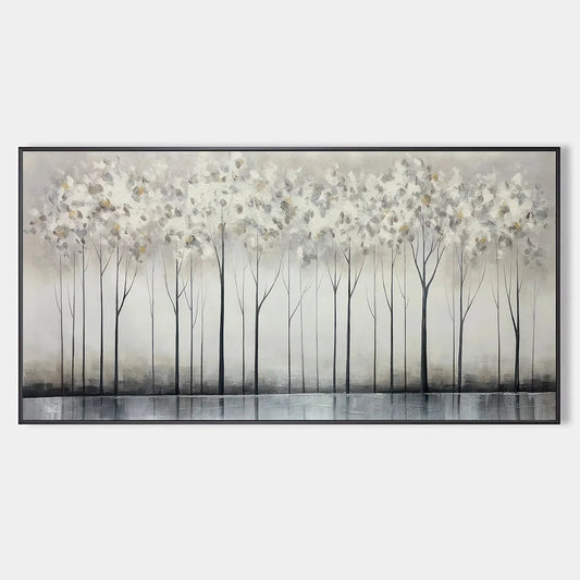 SILVER BIRCH MIST: Forest Landscape Painting in Grey and White | hanging in living room, Landscape wall art