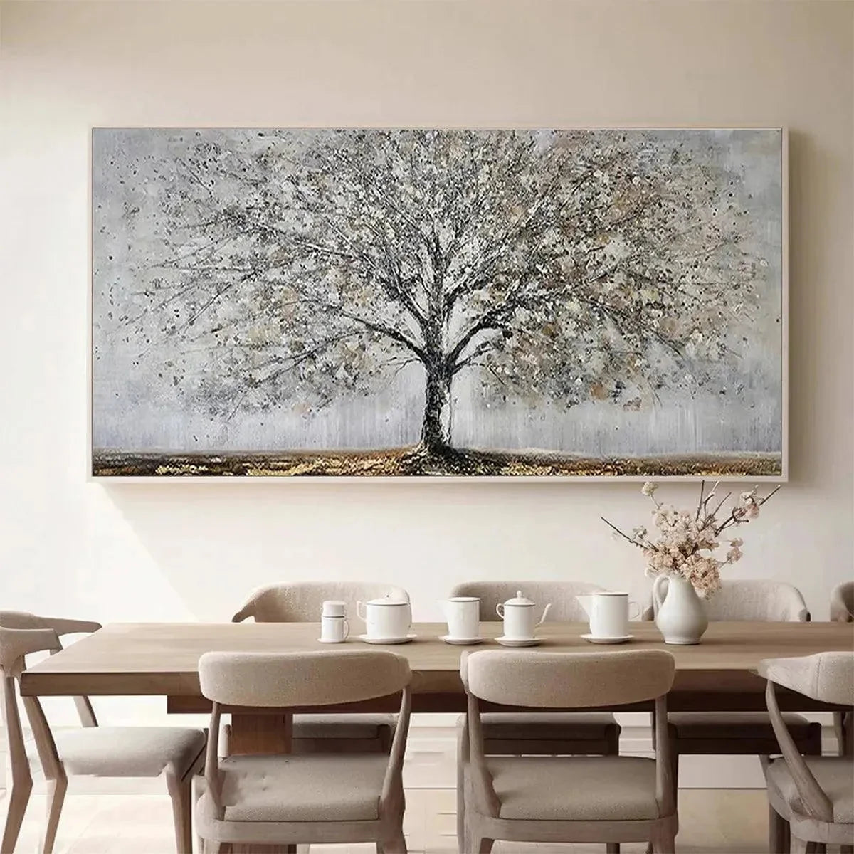 SILVER BIRCH: Textured Tree Painting in Grey and Gold | Figurative closeup, raised brushwork detail