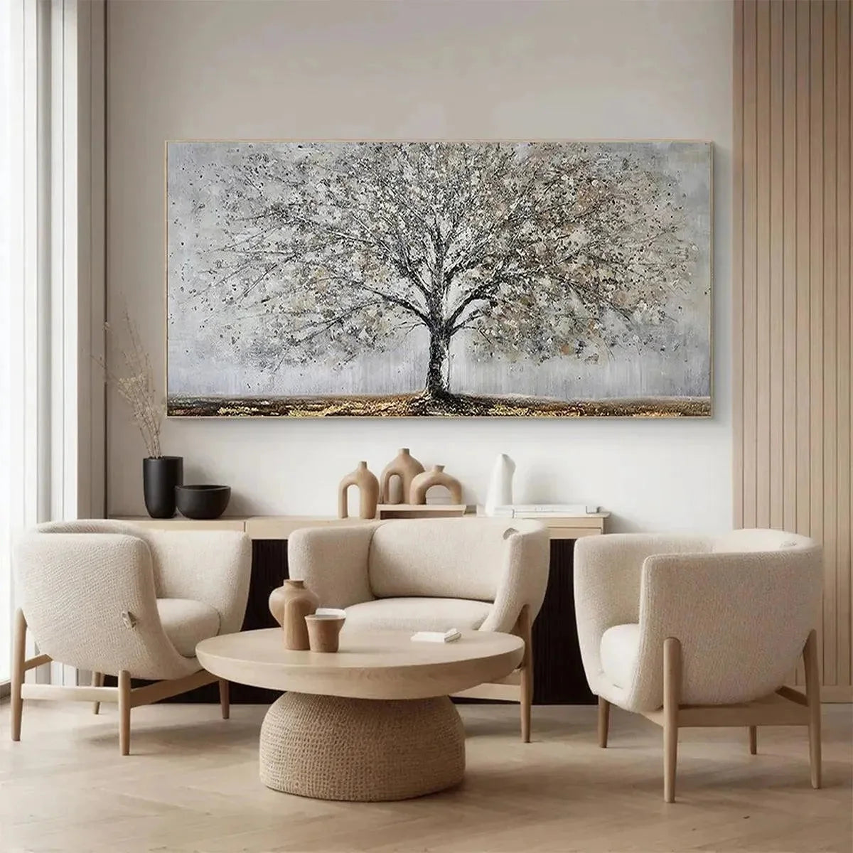 SILVER BIRCH: Textured Tree Painting in Grey and Gold | gold frame stretched on neutral wall