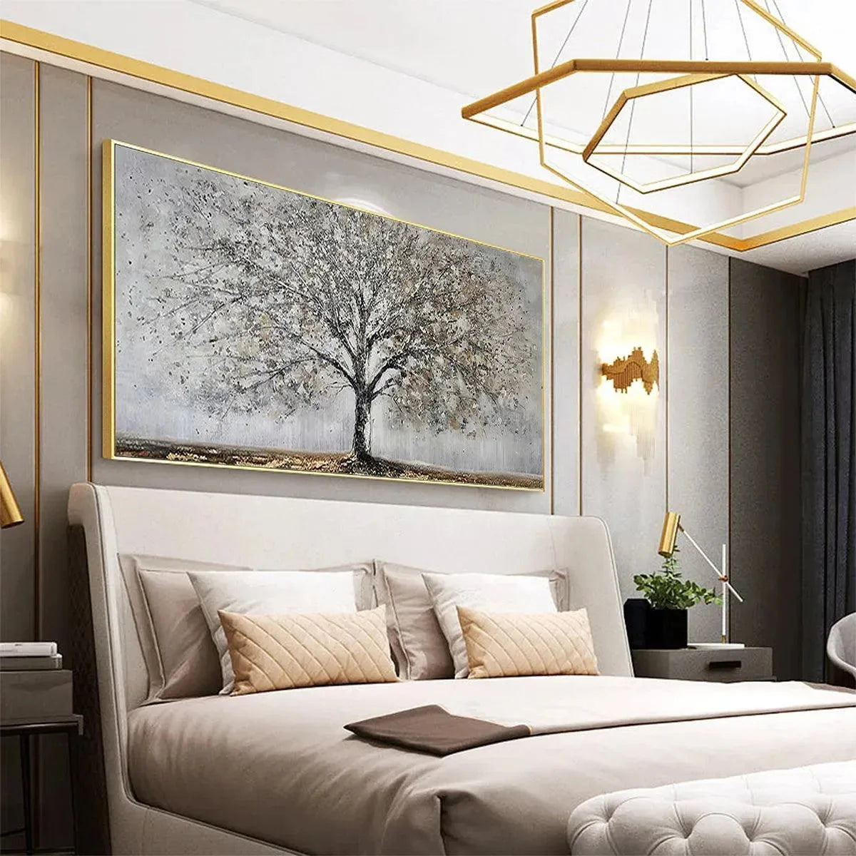 SILVER BIRCH: Textured Tree Painting in Grey and Gold | rolled canvas, ready for custom framing