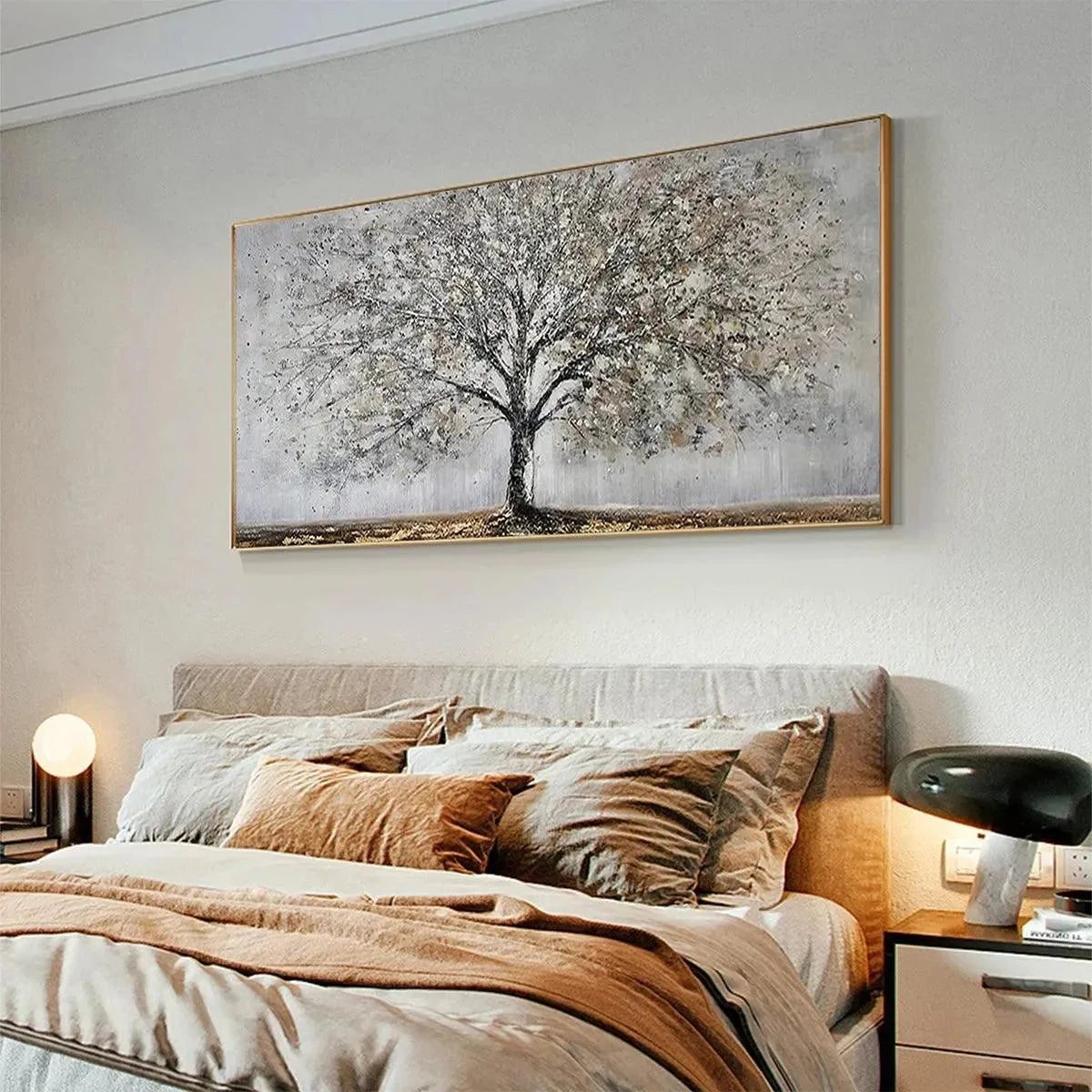 SILVER BIRCH: Textured Tree Painting in Grey and Gold | Figurative mood, soft natural light studio shot