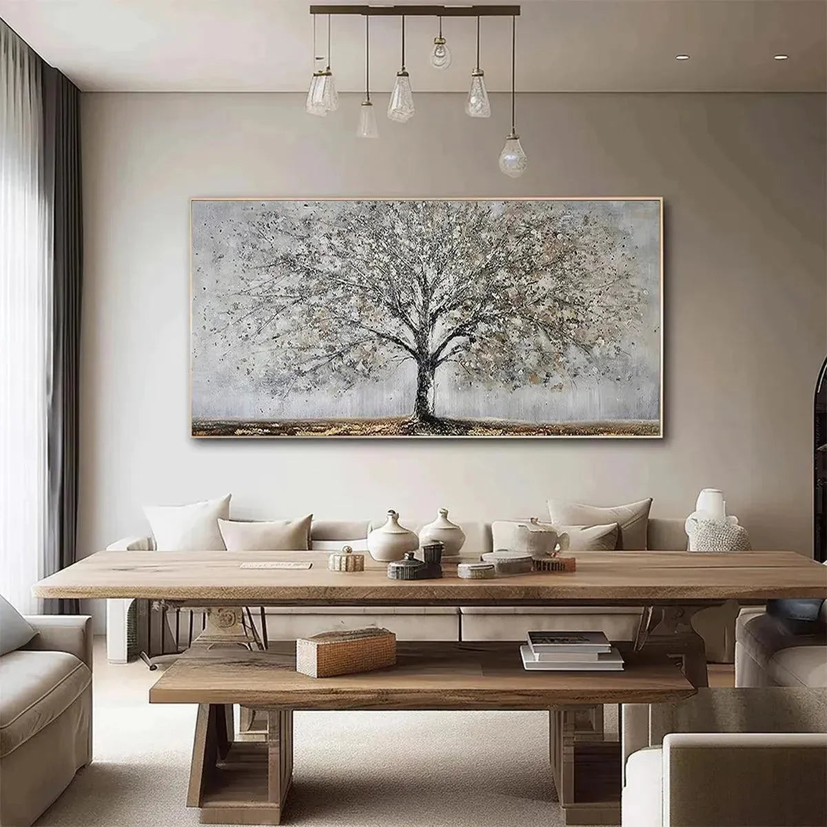 SILVER BIRCH: Textured Tree Painting in Grey and Gold | yellow palette, original oil on stretched canvas art