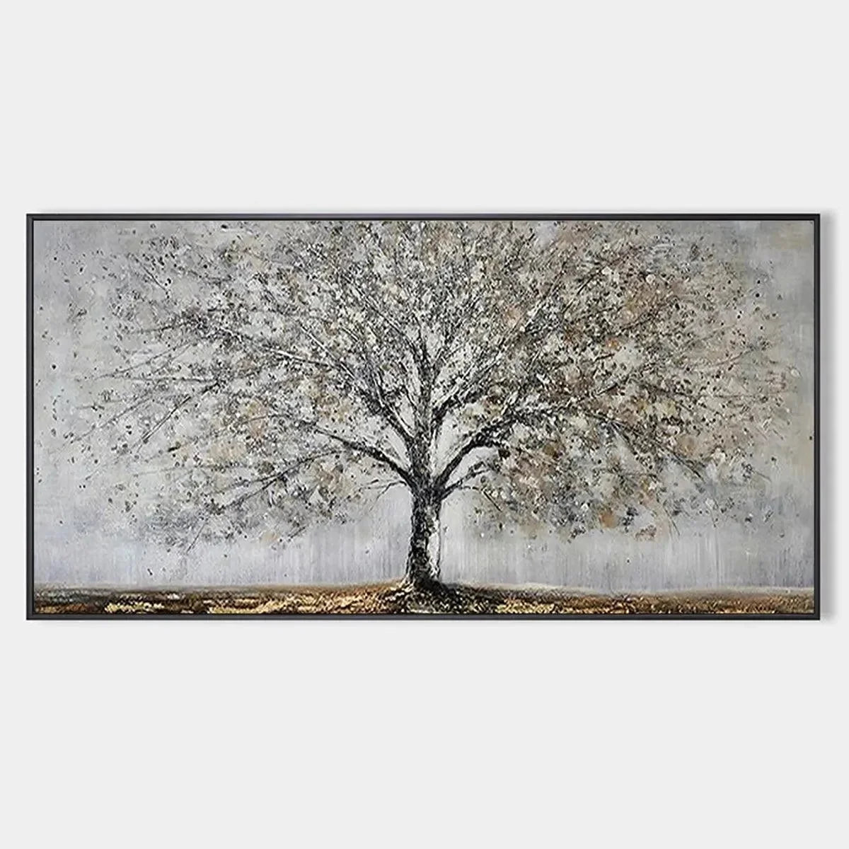 SILVER BIRCH: Textured Tree Painting in Grey and Gold | hanging in living room, Figurative wall art