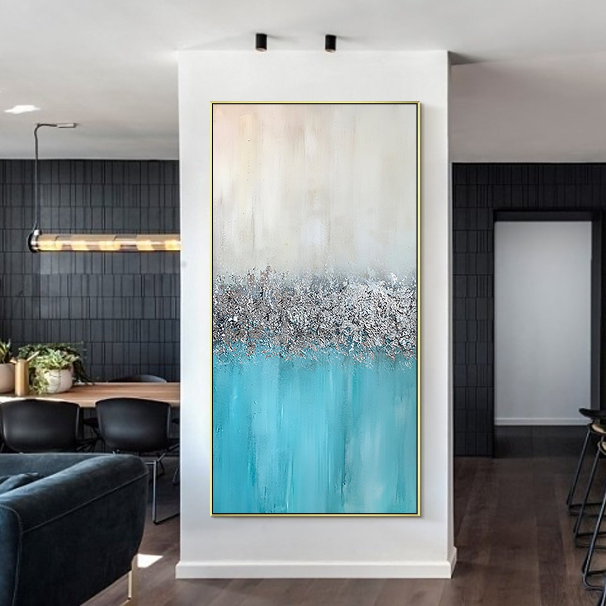 Silver Leaf Blue Original Abstract Painting On Canvas, Extra Large Framed Wall A #2