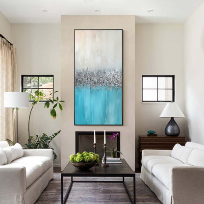 Silver Leaf Blue Original Abstract Painting On Canvas, Extra Large Framed Wall A #3