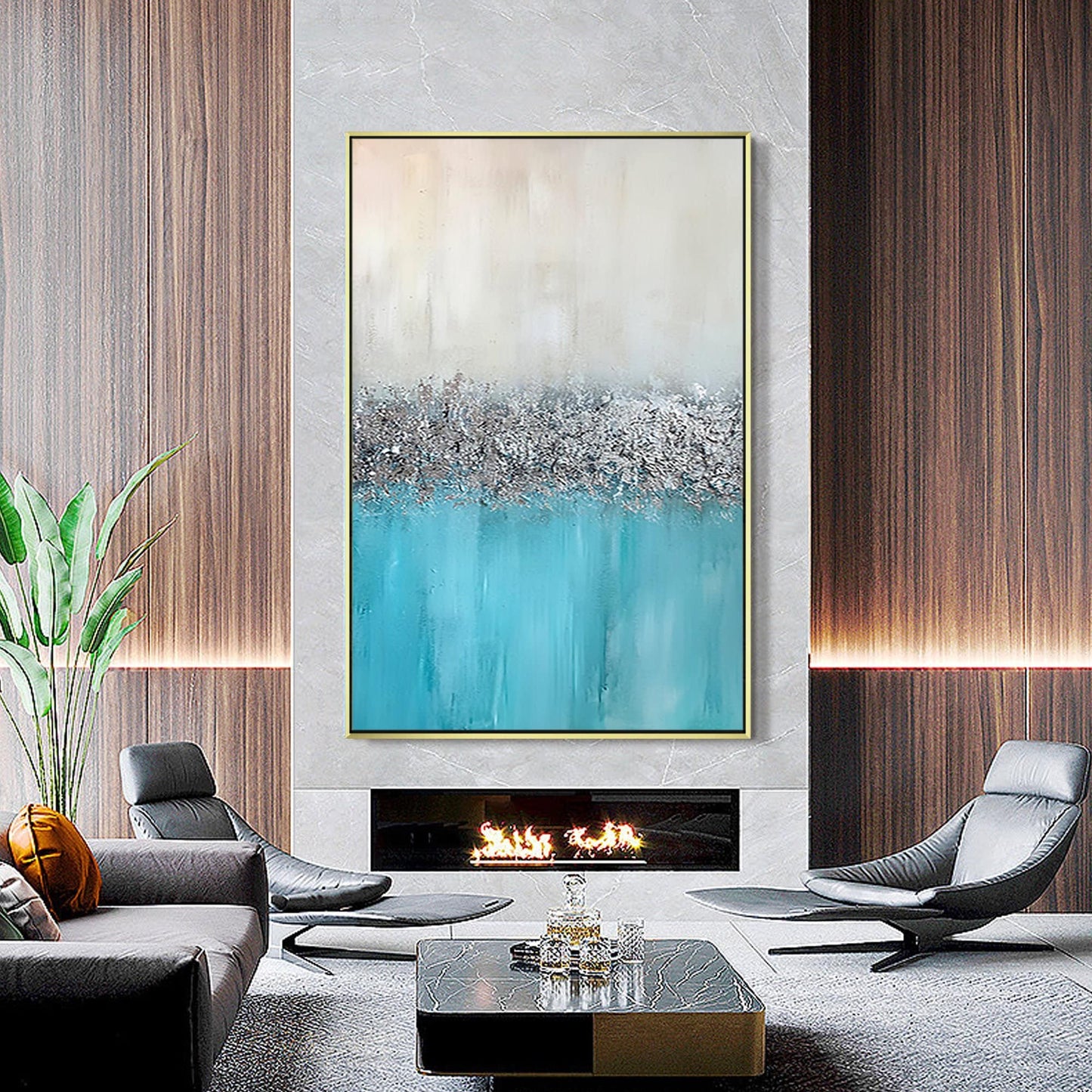 Silver Leaf Blue Original Abstract Painting On Canvas, Extra Large Framed Wall A #4