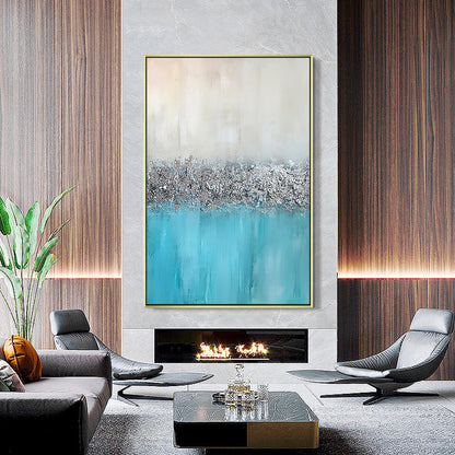 Silver Leaf Blue Original Abstract Painting On Canvas, Extra Large Framed Wall A #4