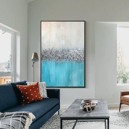 Silver Leaf Blue Original Abstract Painting On Canvas, Extra Large Framed Wall A #5