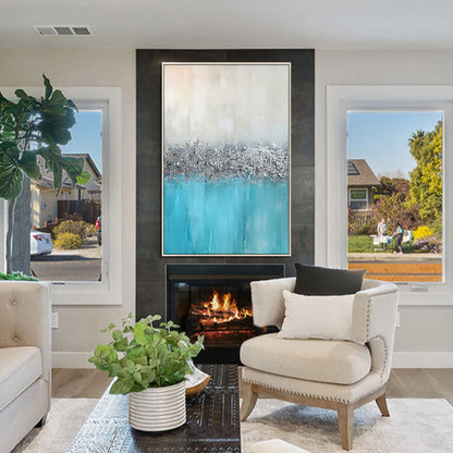 Silver Leaf Blue Original Abstract Painting On Canvas, Extra Large Framed Wall A #6