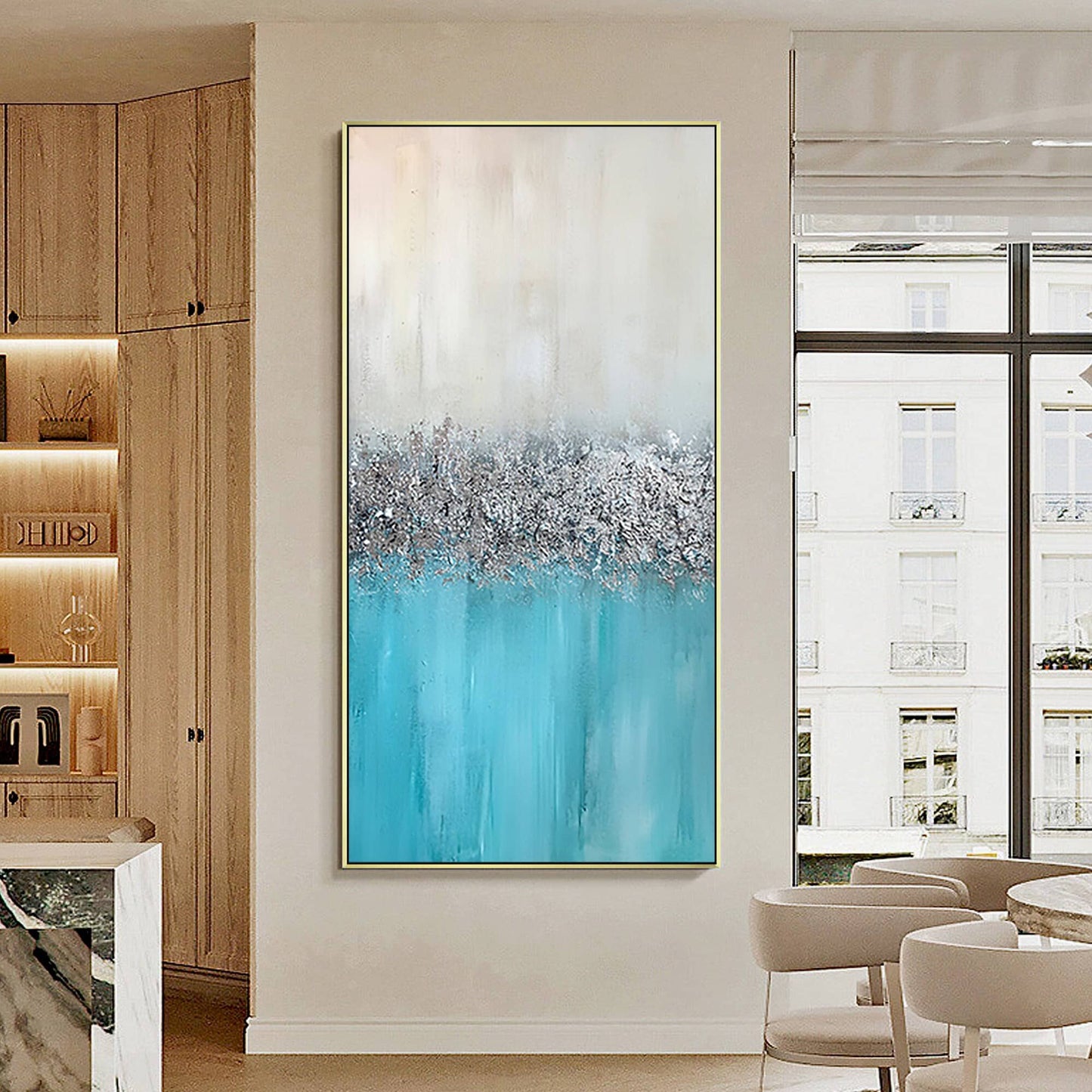 Silver Leaf Blue Original Abstract Painting On Canvas, Extra Large Framed Wall A #1