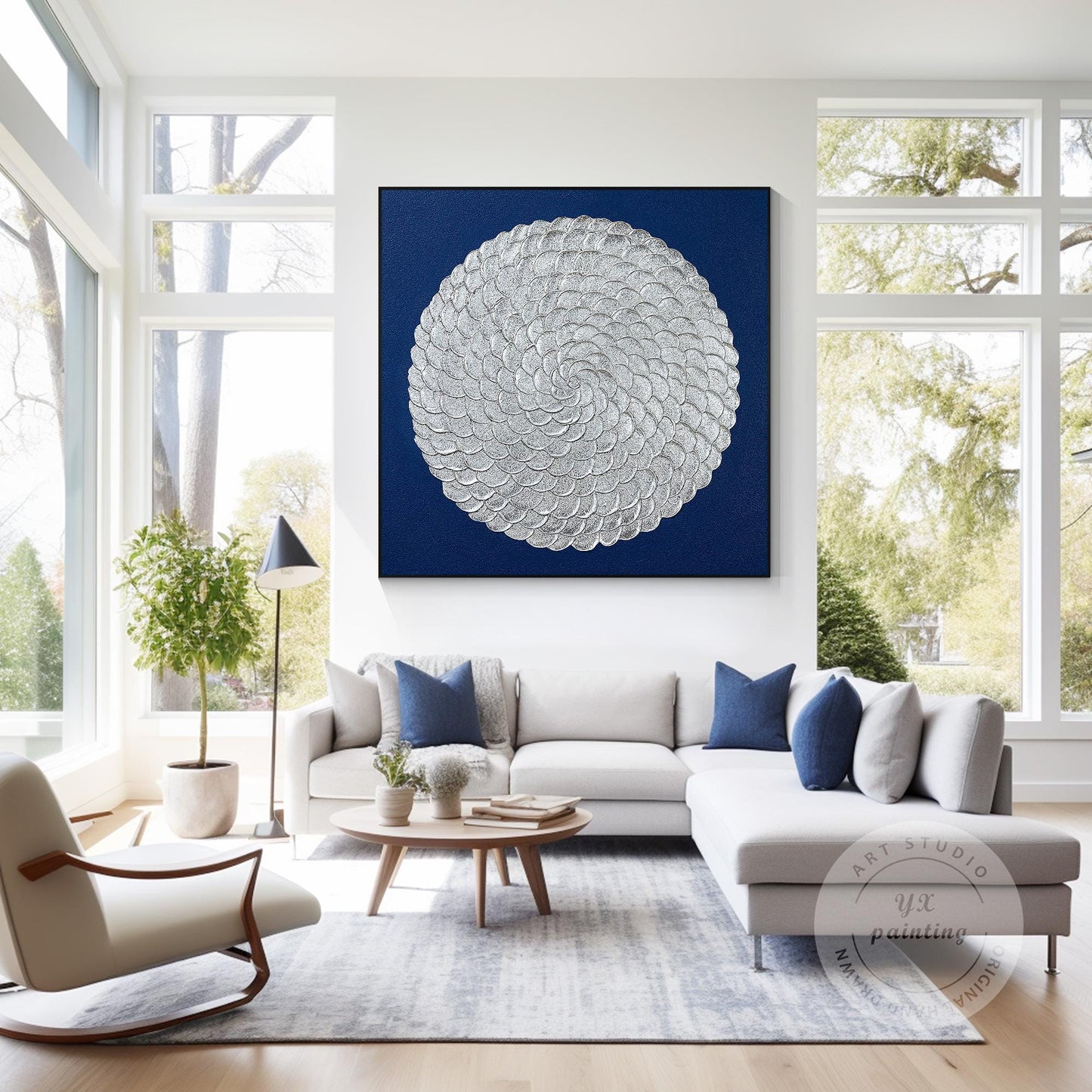 Silver Leaf Flower Circle Painting: Navy Blue Abstract 3D Textured Wall Art #2