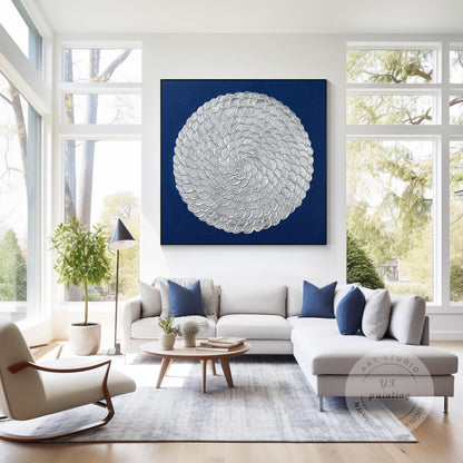Silver Leaf Flower Circle Painting: Navy Blue Abstract 3D Textured Wall Art #2