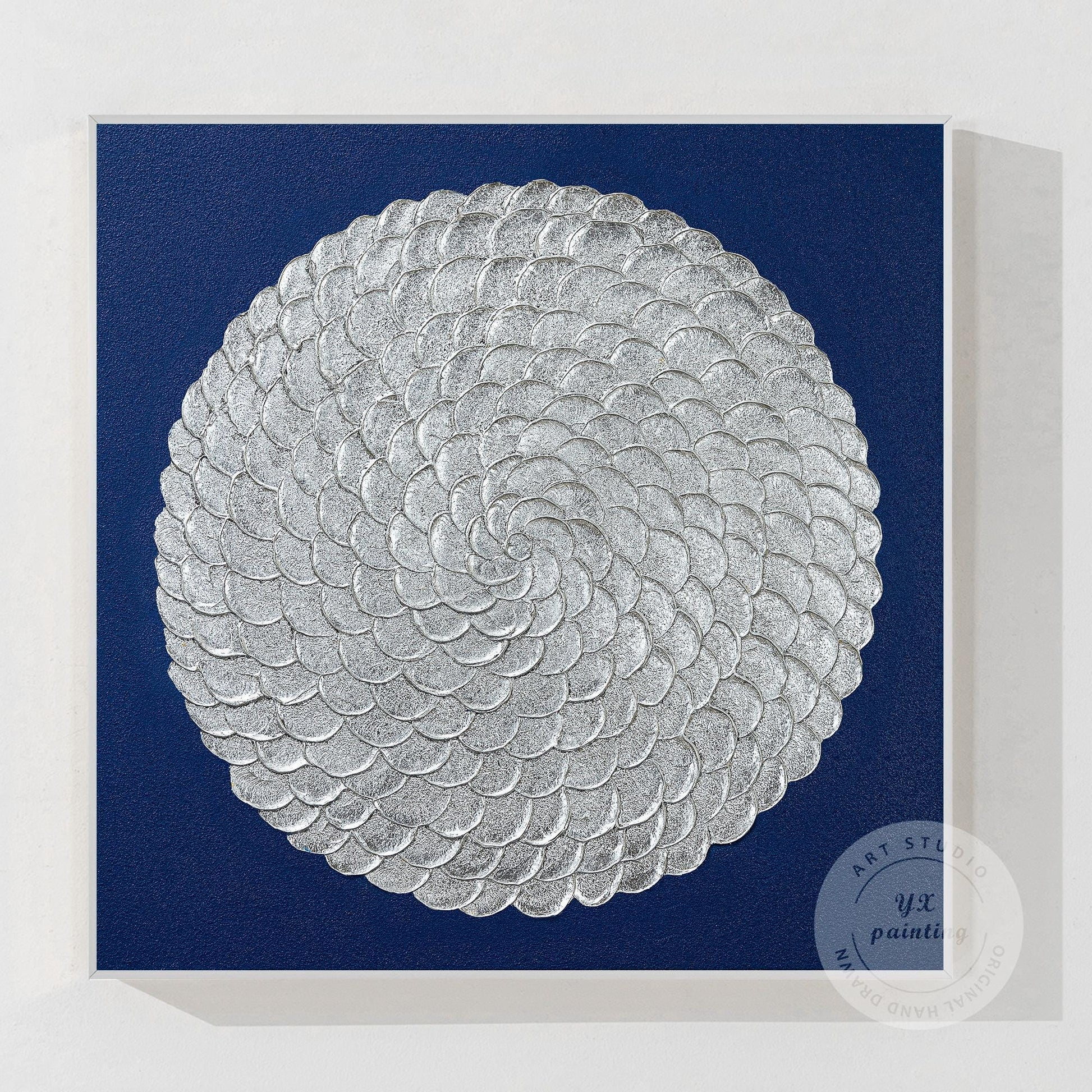 Silver Leaf Flower Circle Painting: Navy Blue Abstract 3D Textured Wall Art #11