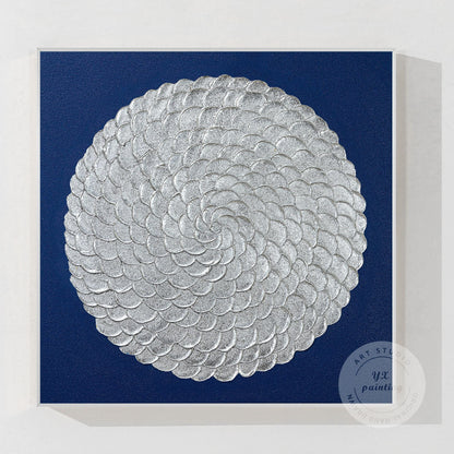 Silver Leaf Flower Circle Painting: Navy Blue Abstract 3D Textured Wall Art #11