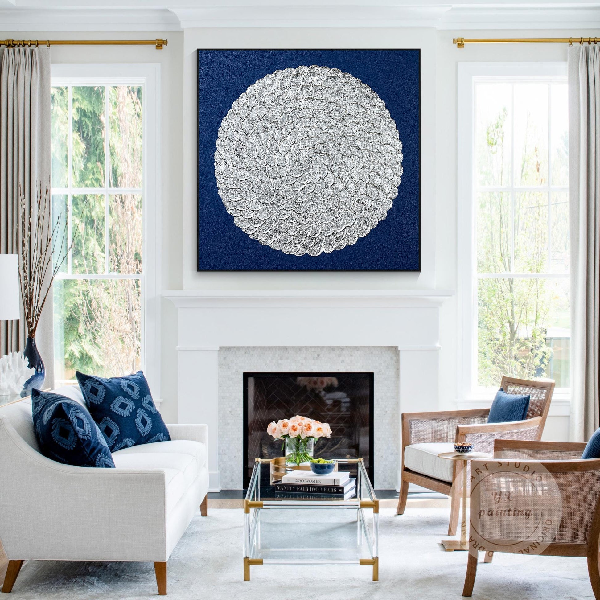 Silver Leaf Flower Circle Painting: Navy Blue Abstract 3D Textured Wall Art #3