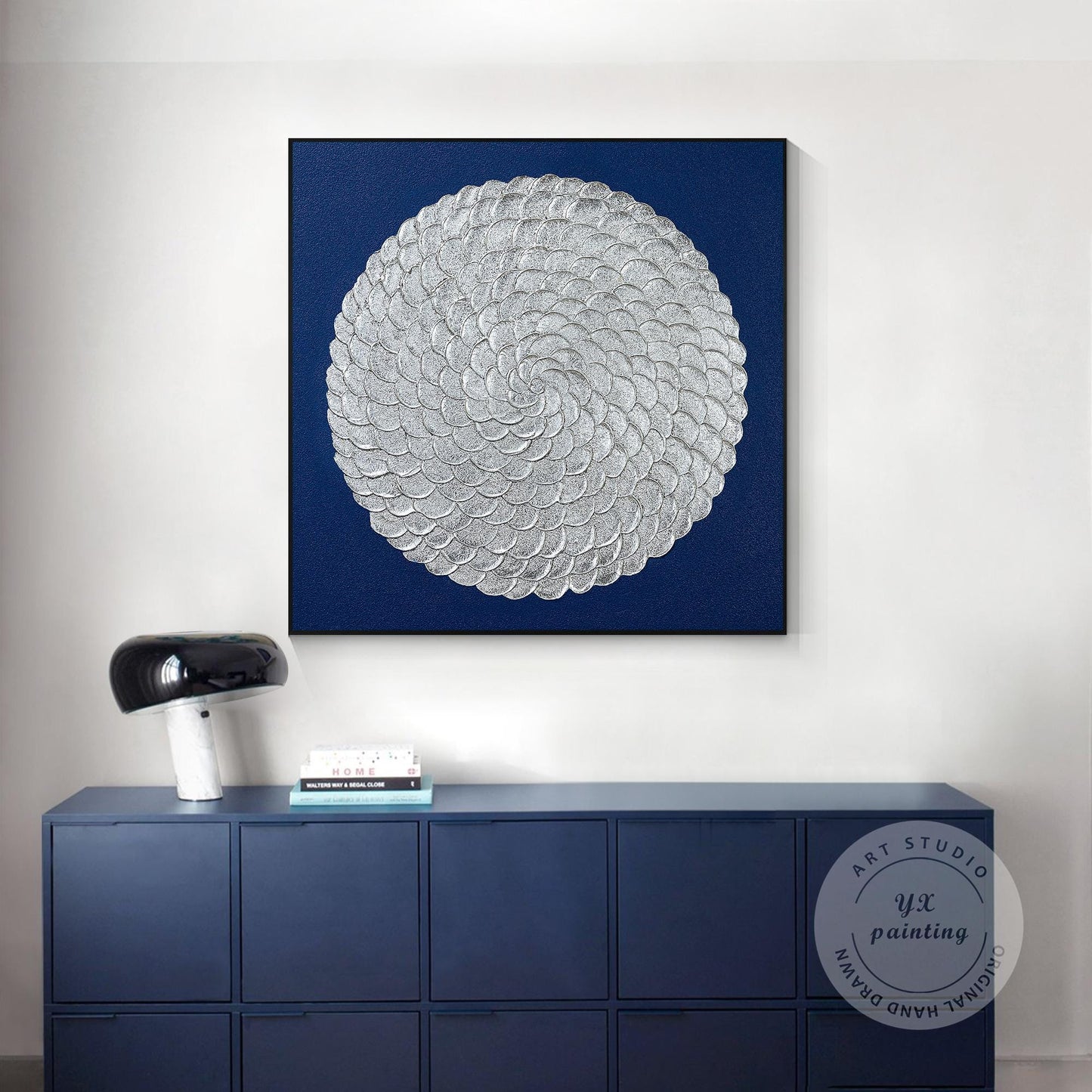 Silver Leaf Flower Circle Painting: Navy Blue Abstract 3D Textured Wall Art #4