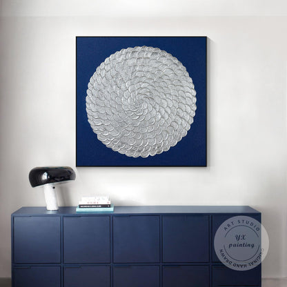 Silver Leaf Flower Circle Painting: Navy Blue Abstract 3D Textured Wall Art #4