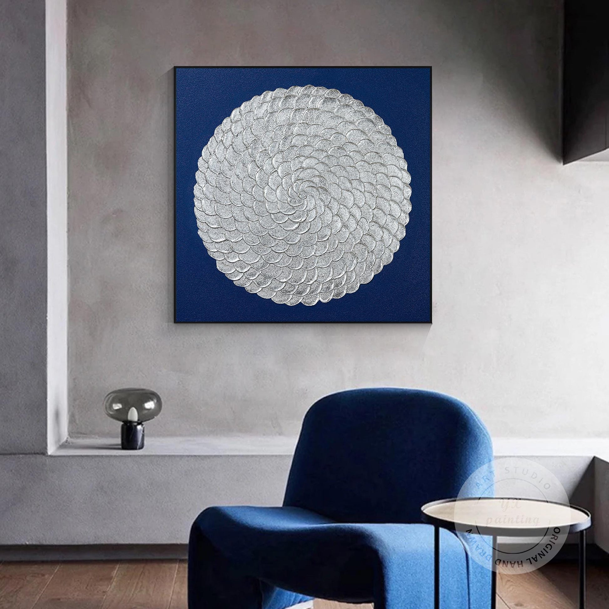 Silver Leaf Flower Circle Painting: Navy Blue Abstract 3D Textured Wall Art #5