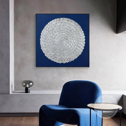 Silver Leaf Flower Circle Painting: Navy Blue Abstract 3D Textured Wall Art #5