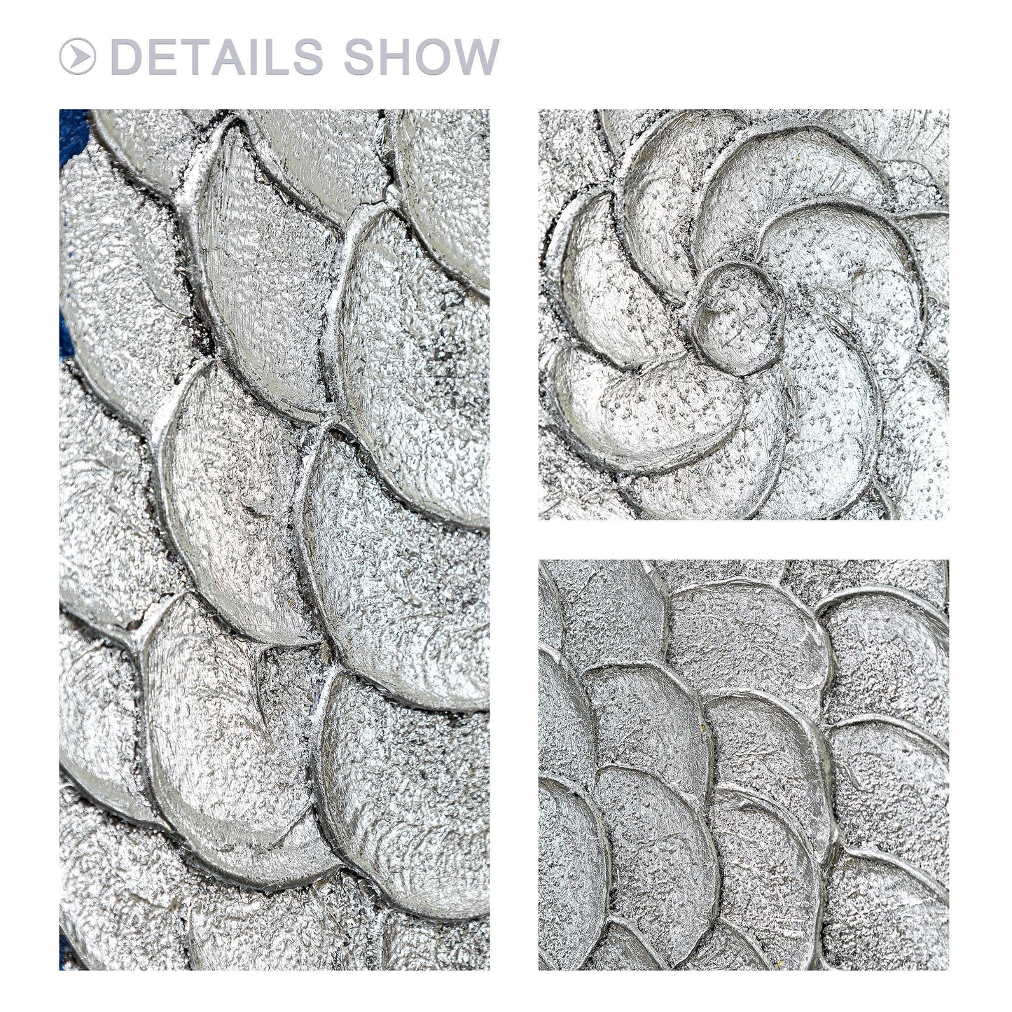Silver Leaf Flower Circle Painting: Navy Blue Abstract 3D Textured Wall Art #8